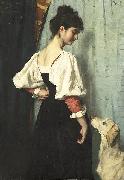 Therese Schwartze Young Italian woman with a dog called Puck. oil painting picture wholesale